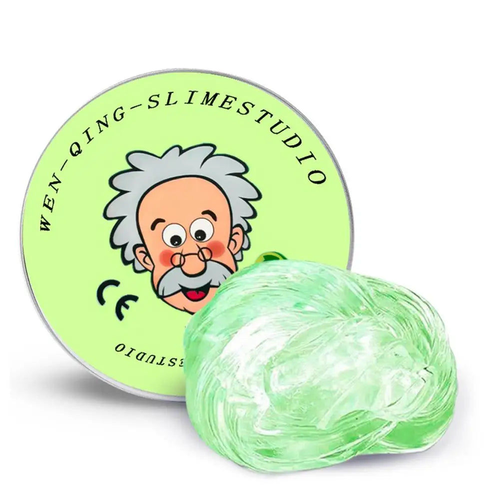 A clear green stress putty is shown next to its storage tin featuring a stylized man's face.