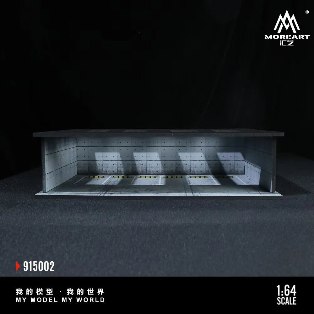 A 1:64 scale miniature garage diorama kit featuring a model car display with integrated lighting.