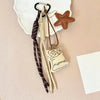 Kawaii Cartoon Linen Keychain – Cute Coffee & Bread Design with Leather Heart Pendant