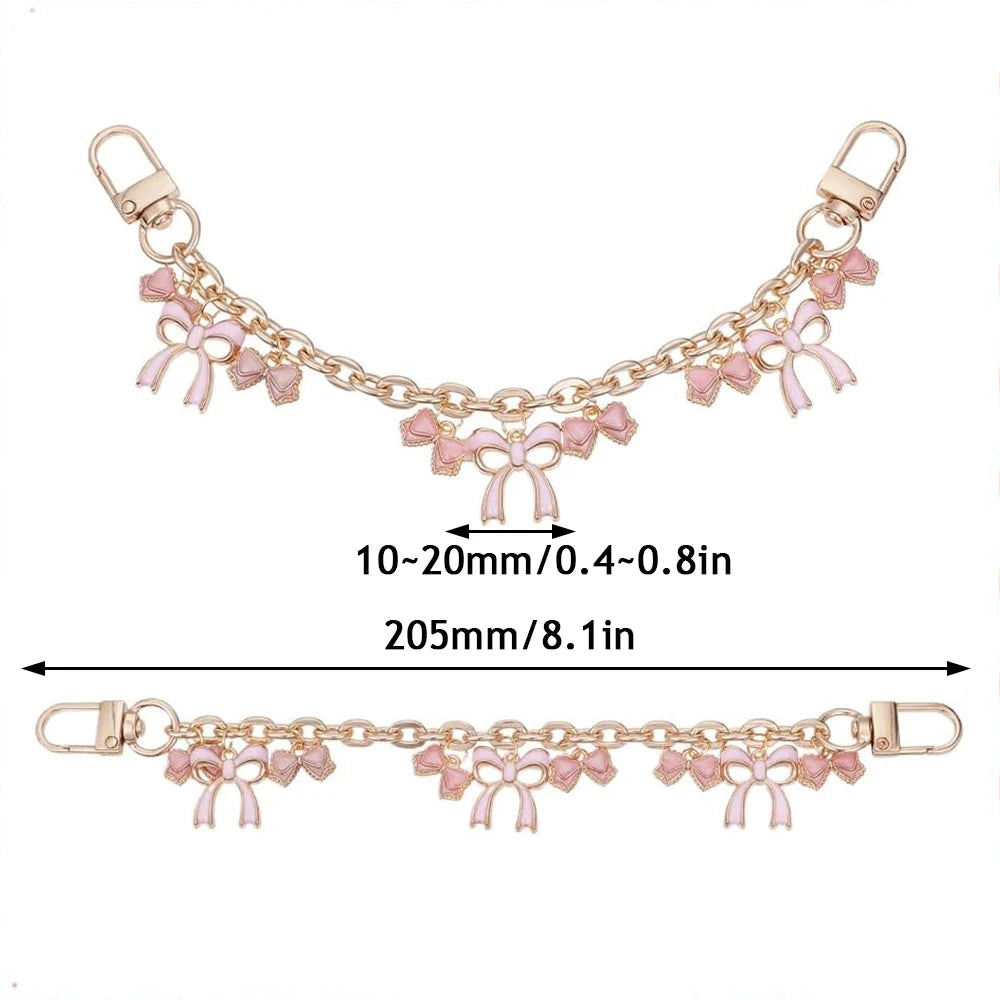 Cherry Blossom Bow Enamel Bag Chain with Heart Charms
