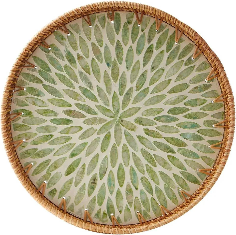 Handcrafted rattan serving tray with mother of pearl inlay featuring a repeating leaf pattern.