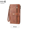 Brown women's RFID-blocking leather bi-fold wallet with a zip-around closure and wristlet strap