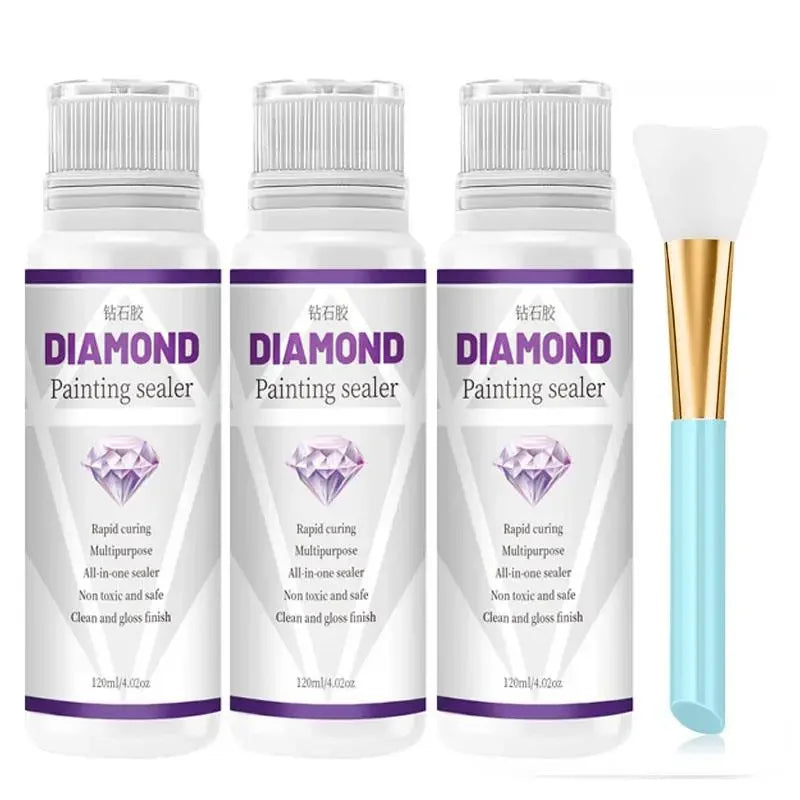 Three bottles of Diamond Painting sealer with gold caps and clear liquid inside