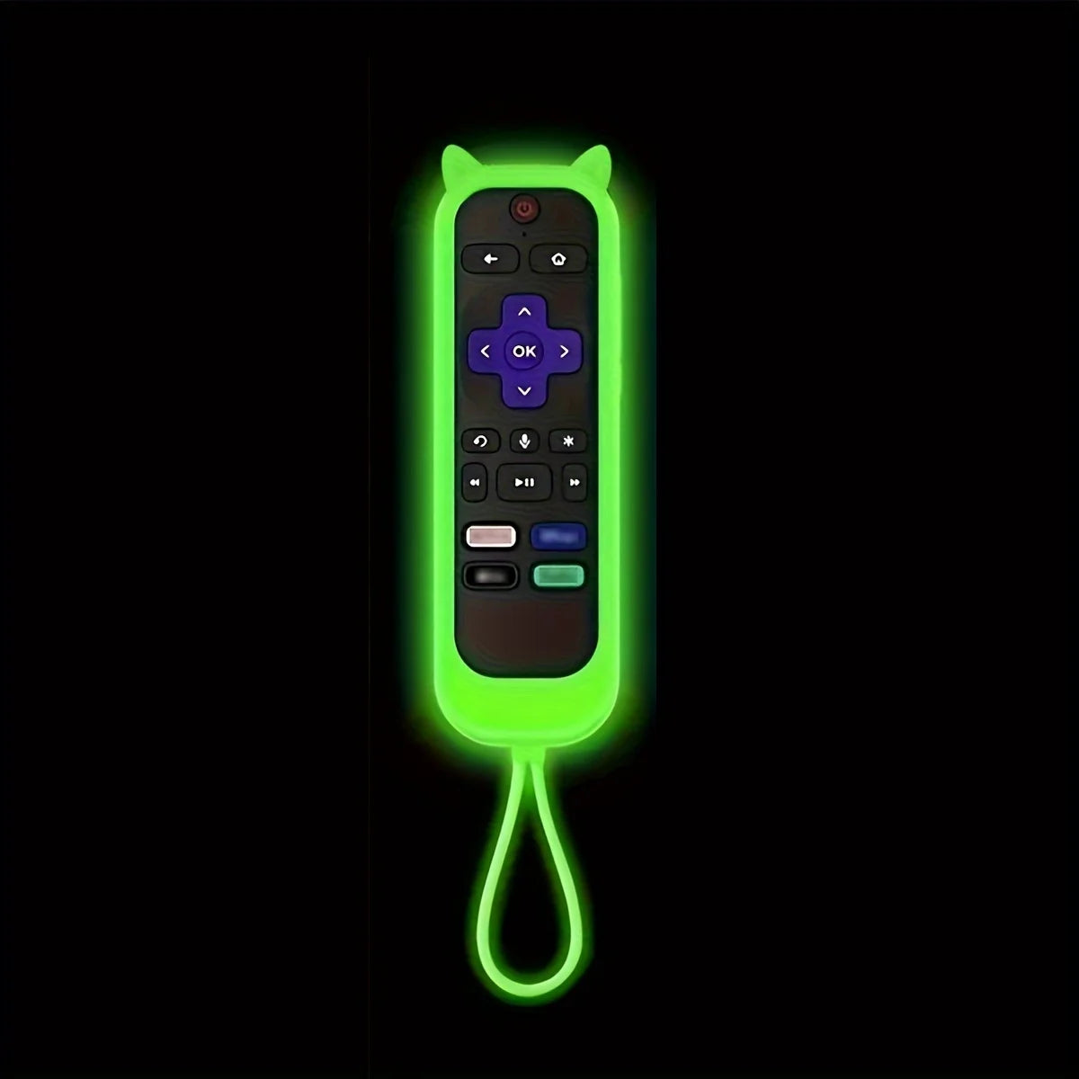 A silicone remote control cover shaped like a cat ear, glowing neon green.