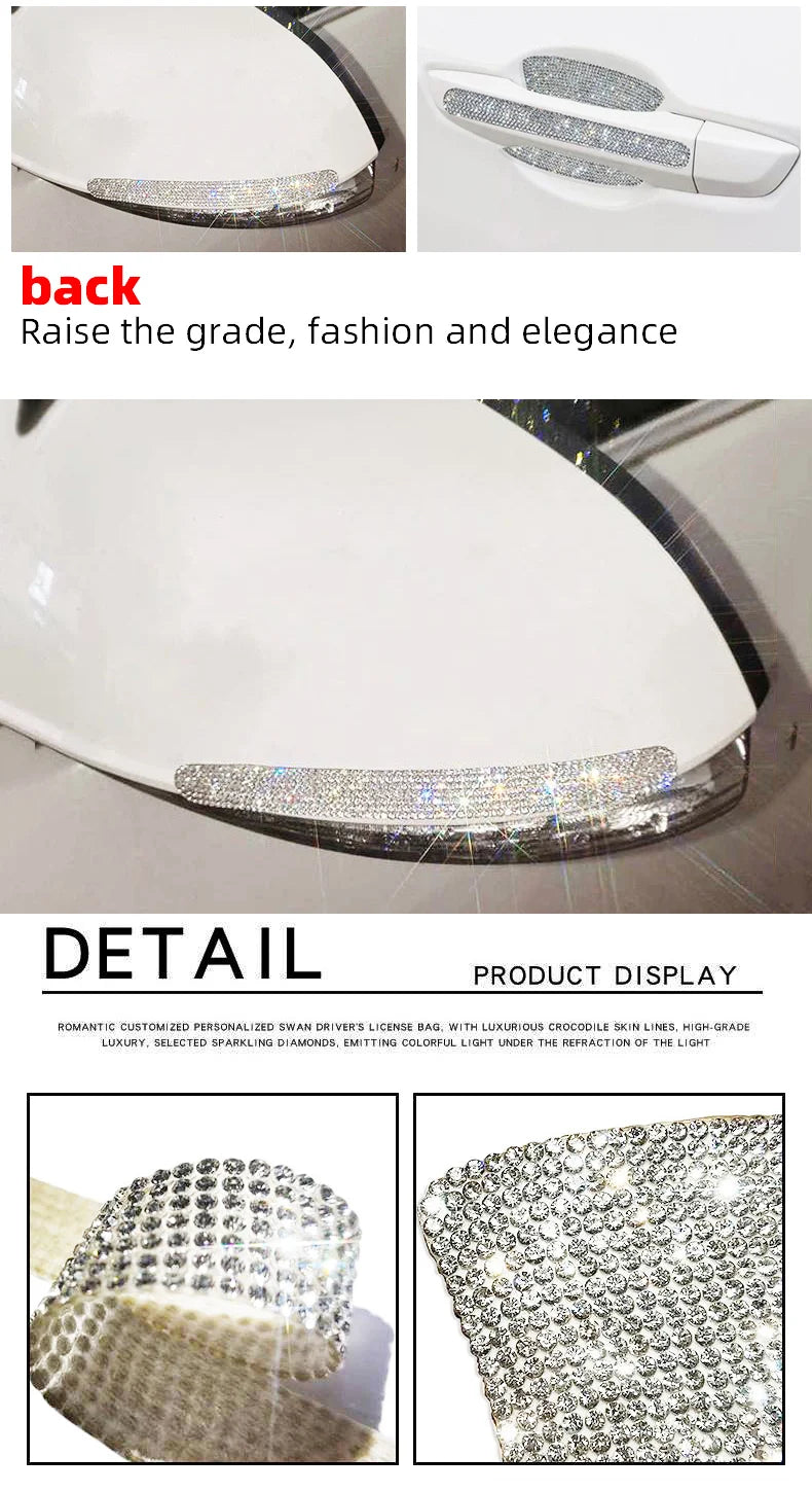 Close-up view of a sparkling diamond license plate cover sticker set for car door handles