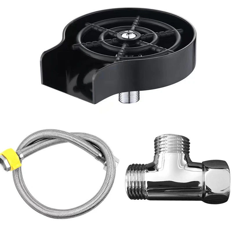Black high pressure faucet glass rinser for bars and kitchens with a silver flexible hose