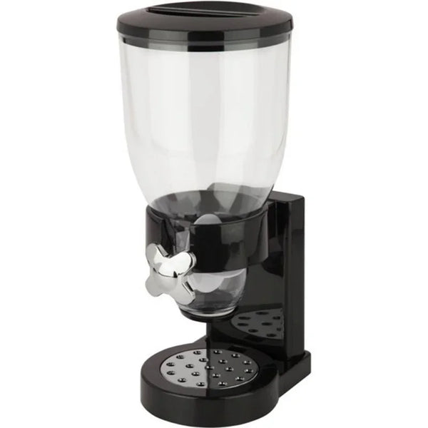 Dispensador de alimento seco de doble control negro con tapa transparente y base para alimentar.