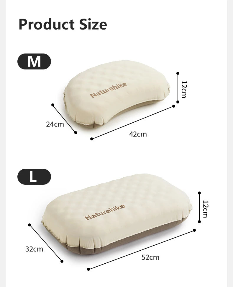Diagram showing the size difference between Medium and Large foam inflatable camping pillows.