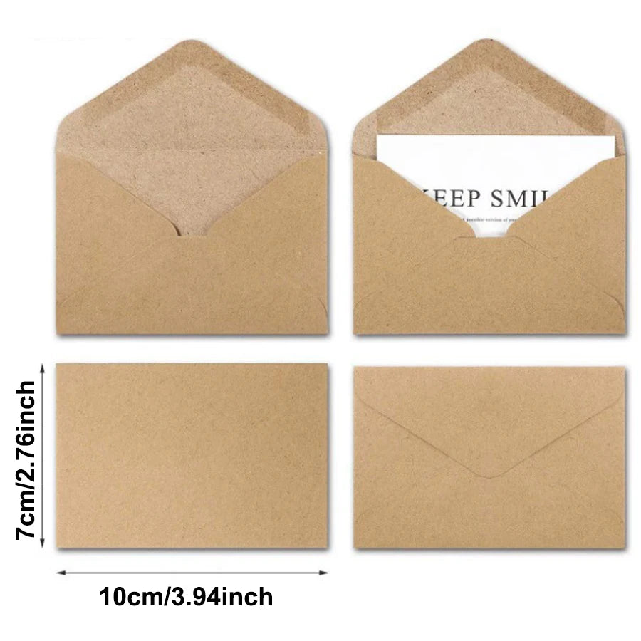 Two kraft paper envelopes shown from the front and open view, measuring 7cm/2.76inch by 10cm/3.94inch.
