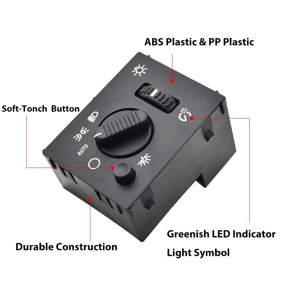 Black electronic switch with a soft-touch button and LED indicator for headlights and fog lights