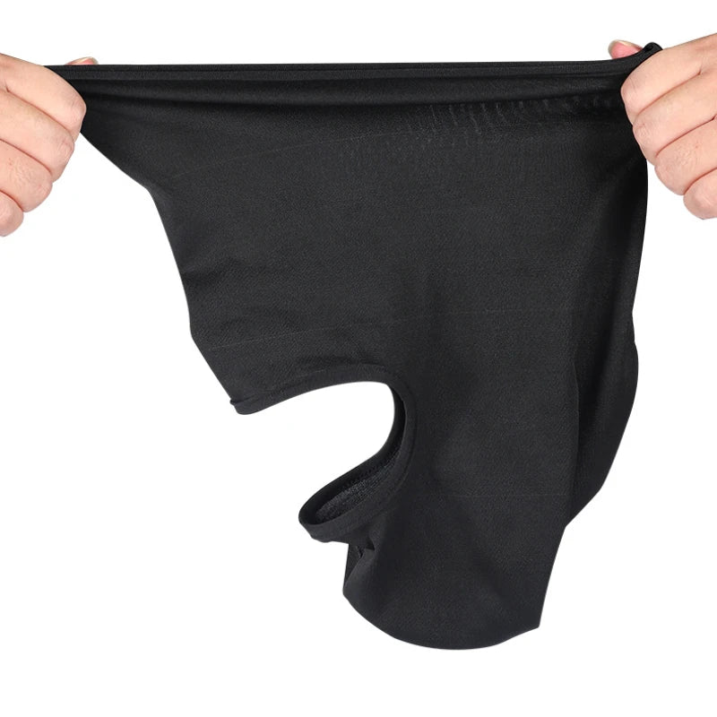 Black windproof full face balaclava being held by hands