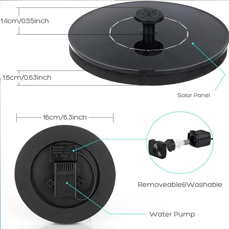 Solar-Powered Floating Fountain Pump for Bird Baths & Ponds