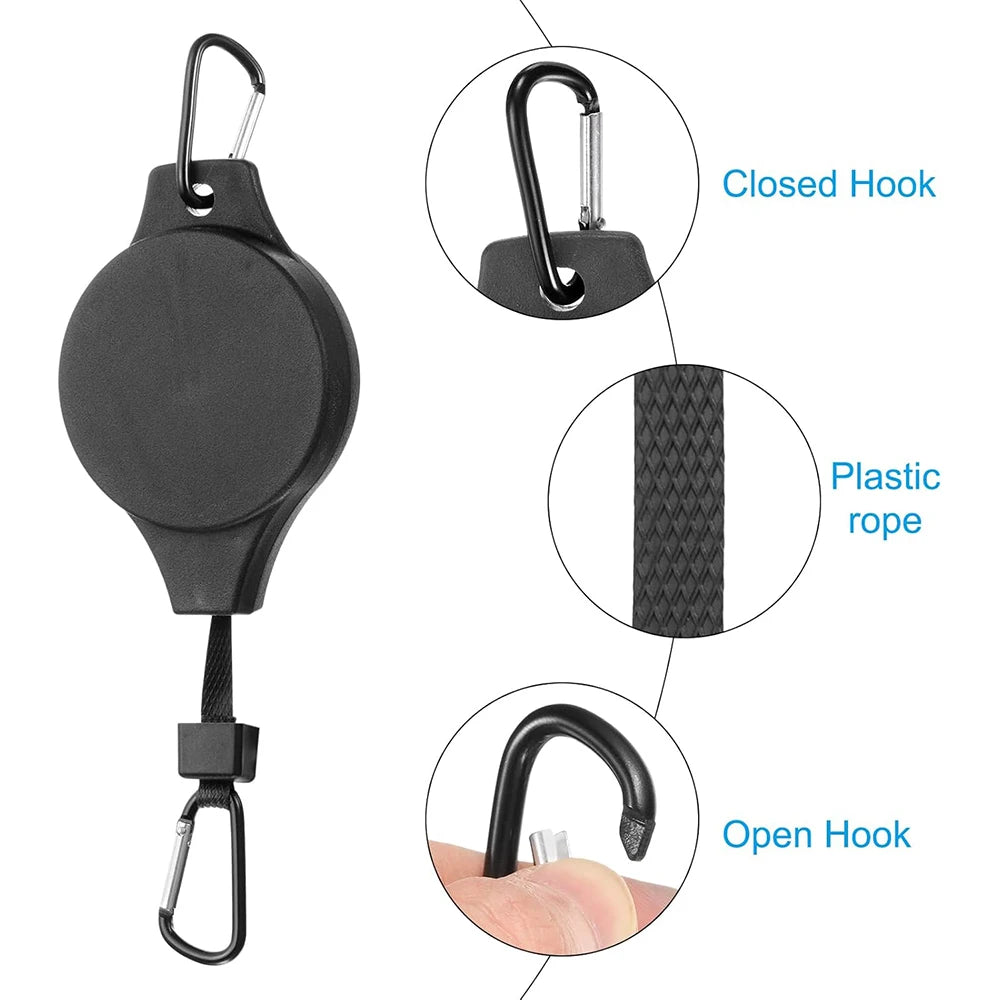 An adjustable hanging plant pulley featuring a closed hook, plastic rope, and an open hook.