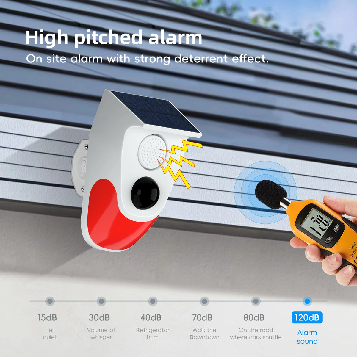 A white solar motion sensor alarm device is mounted on a building, demonstrating its sound levels against a scale.