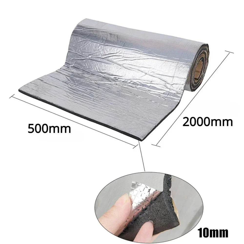Roll of silver automotive sound deadening and heat insulation mat showing its thickness.