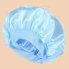 Light blue satin wide brim shower cap for hair protection