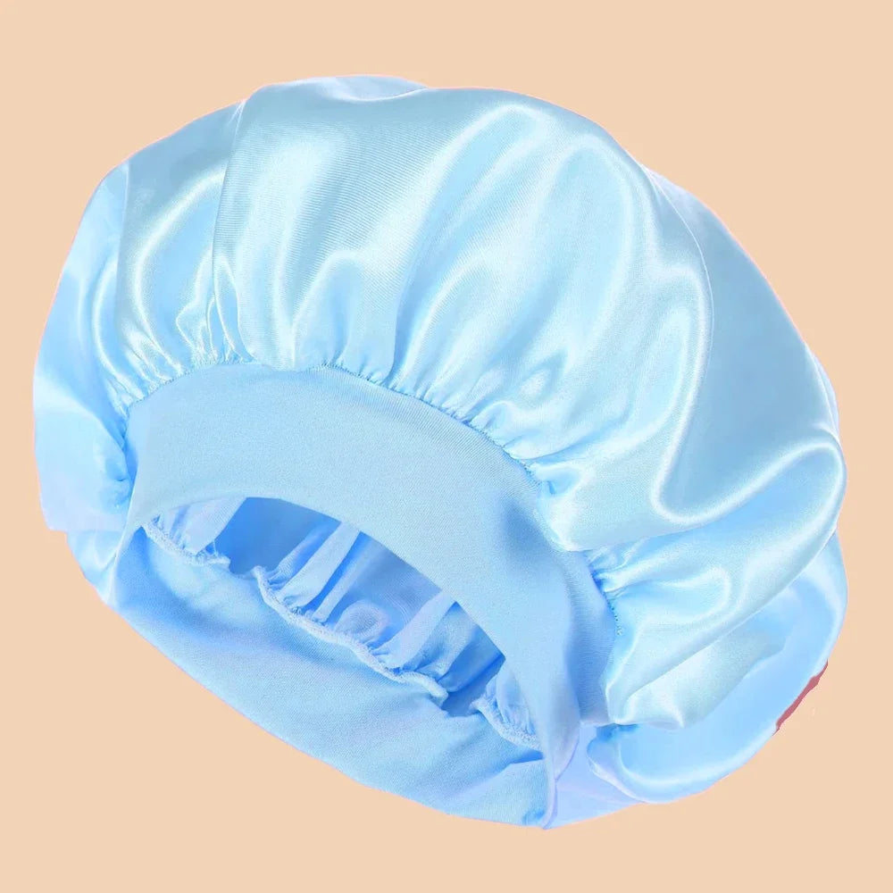 Light blue satin wide brim shower cap for hair protection
