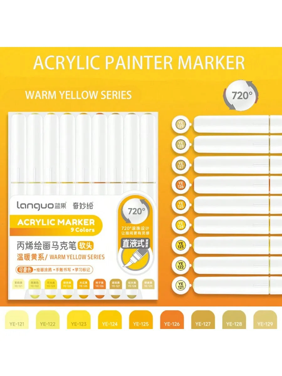 Acrylic painter marker set in warm yellow series with 9 colors and 720 degree design