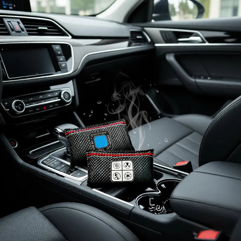 A black reusable car dehumidifier bag with a visual humidity indicator resting in the center console of a car interior.