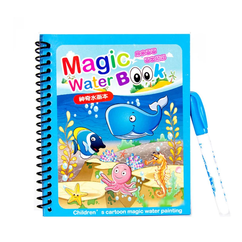 A blue magic water painting book with a plastic brush and colorful cartoon sea creatures.