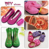 Various handmade shoes and accessories made from pink, orange, and green yarn for knitting and crochet projects