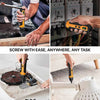 A cordless electric screwdriver is shown being used to drive screws in various tasks.