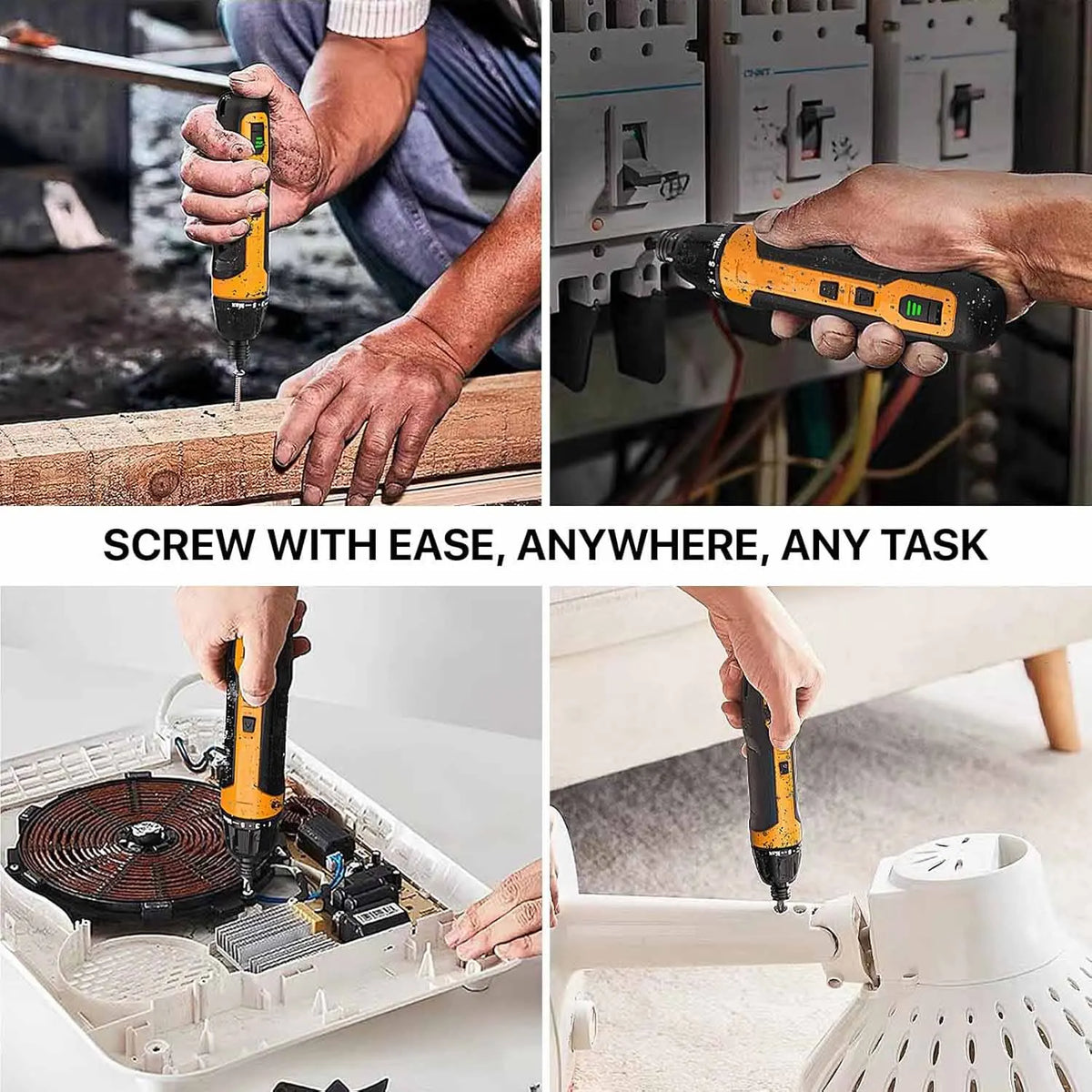 A cordless electric screwdriver is shown being used to drive screws in various tasks.