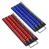 A tray organizer holding 80 portable sockets, divided into blue and red sections, with handles.