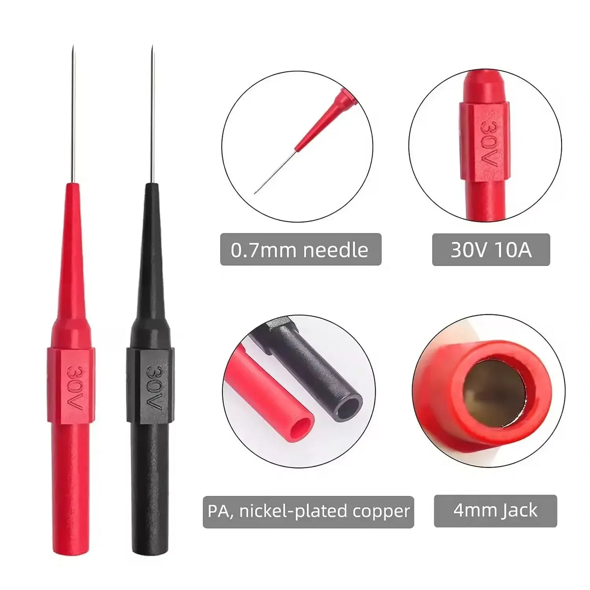 A set of 10 back-piercing test probes featuring a red body, 30V output, and various needle tips.
