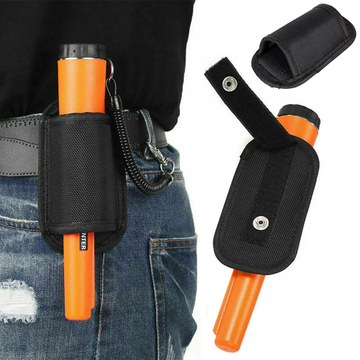 Black and orange handheld metal detector with a black strap attached to denim fabric.