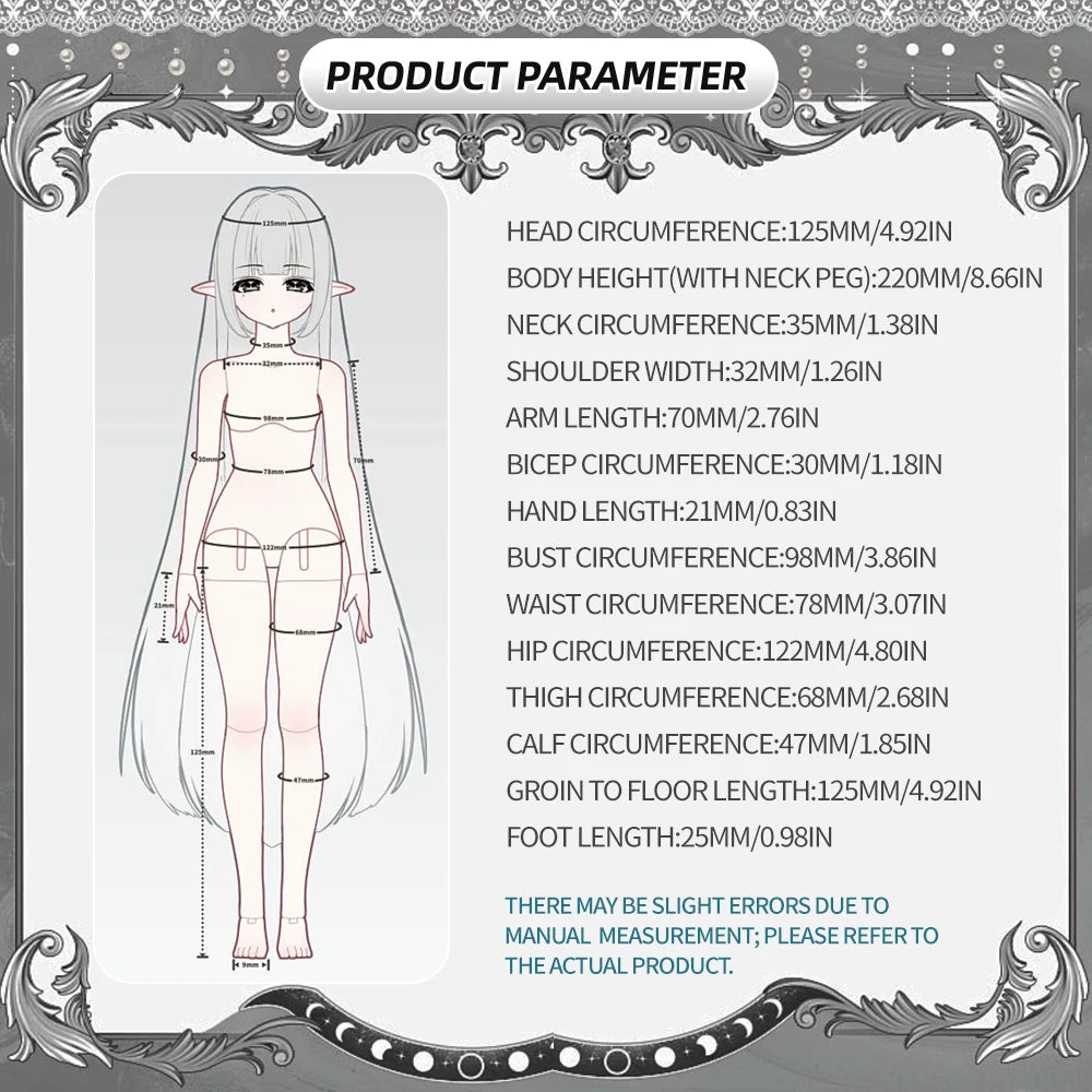 Product parameter chart showing measurements for a Minty Feather Mist Poetry Series 1/6 BJD blind box doll.