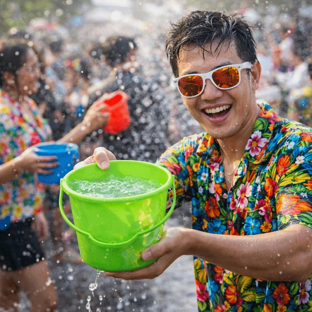 A man smiling while holding a bright green plastic water play bucket filled with soapy water in an outdoor setting.