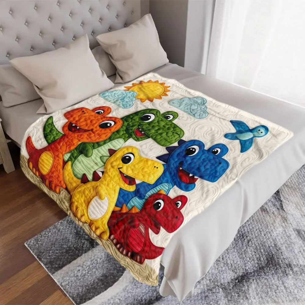 A colorful dinosaur cartoon throw blanket featuring five dinosaurs and a sunny sky, displayed on a bed.
