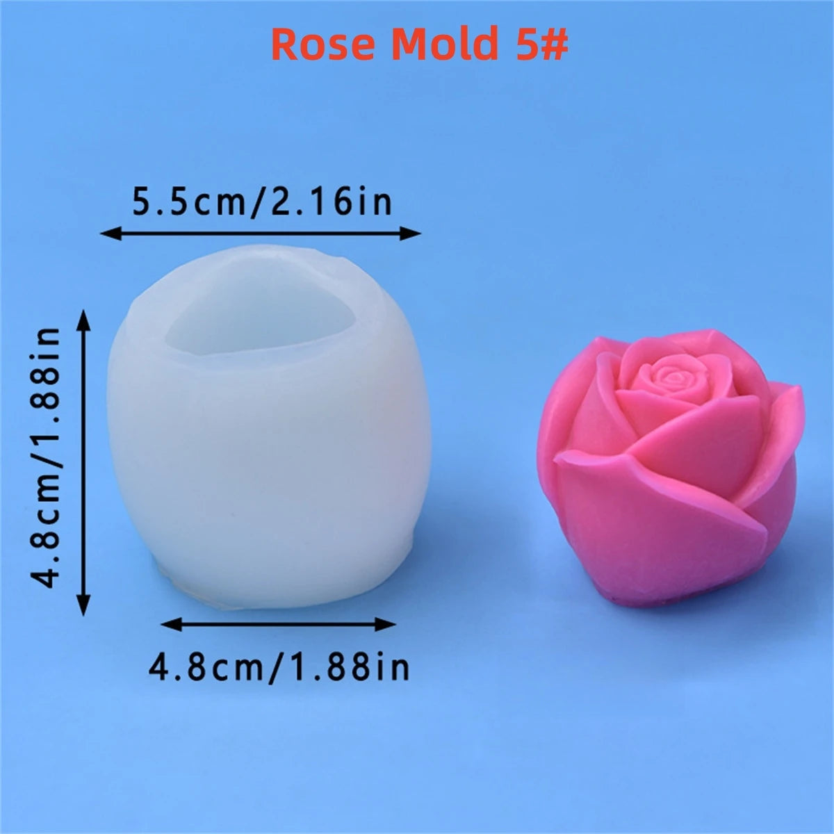 A white silicone mold for making roses, shown next to a pink rose, with dimensions provided.