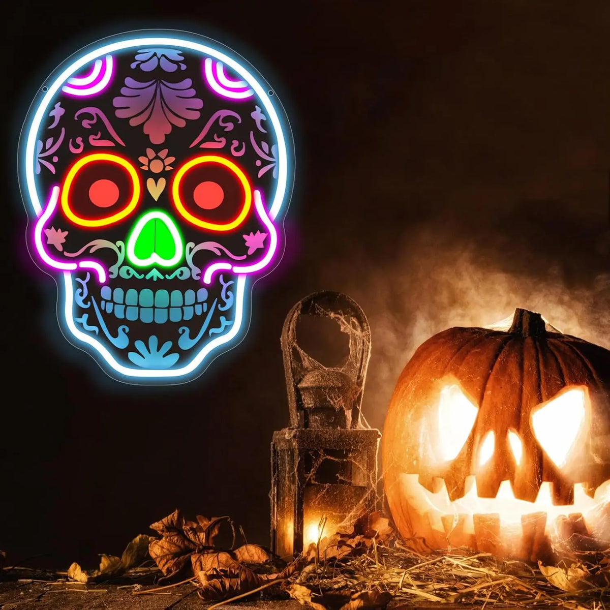 A glowing neon skull light featuring vibrant colors and an carved pumpkin in a dark, spooky setting.