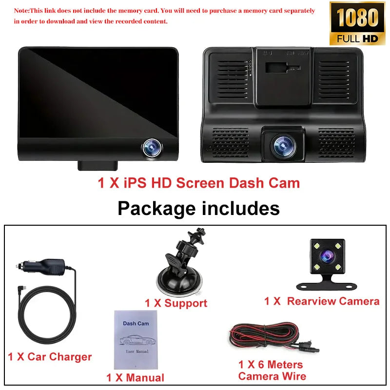 A black IPS HD screen dash cam package including a camera, support, charger, manual, and wire.