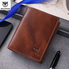 A brown genuine leather men's bifold wallet with stitching is shown on a gray surface, tied with a blue ribbon.