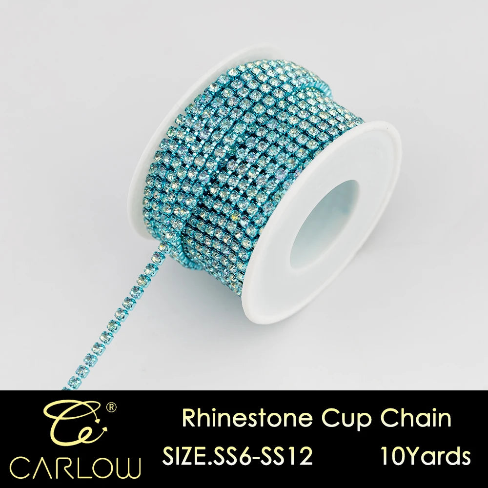 A spool of blue and teal rhinestone cup chain, 10 yards long.