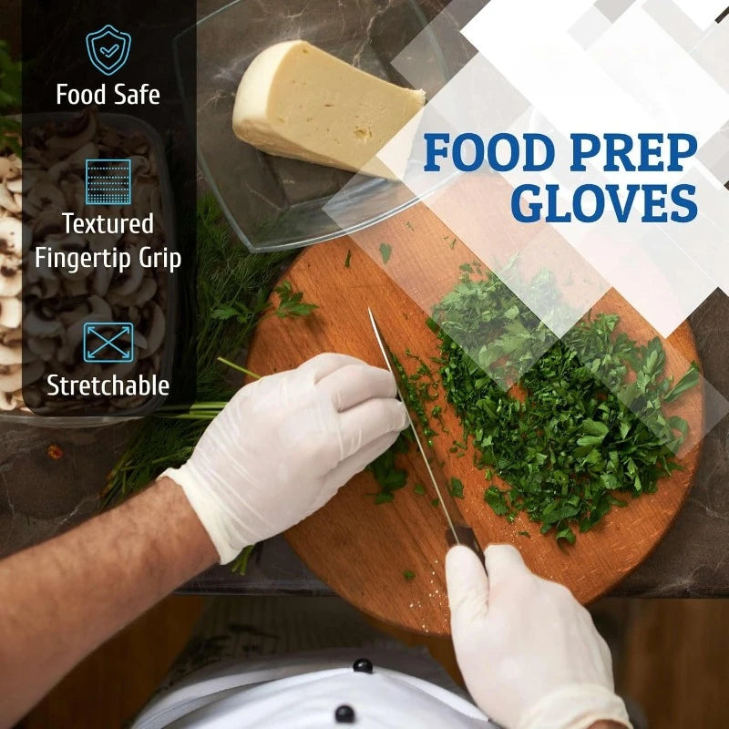 A hand wearing a white nitrile glove is using a knife to chop fresh green herbs on a wooden cutting board.