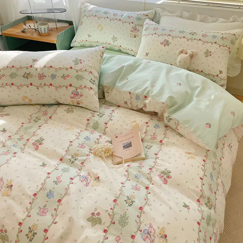 Pink floral bedding set featuring a duvet cover and pillowcases with delicate patterns.