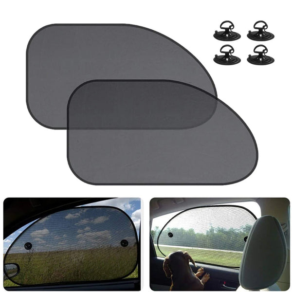 A universal car windshield sun shade with a reflective cover shown in various angles.