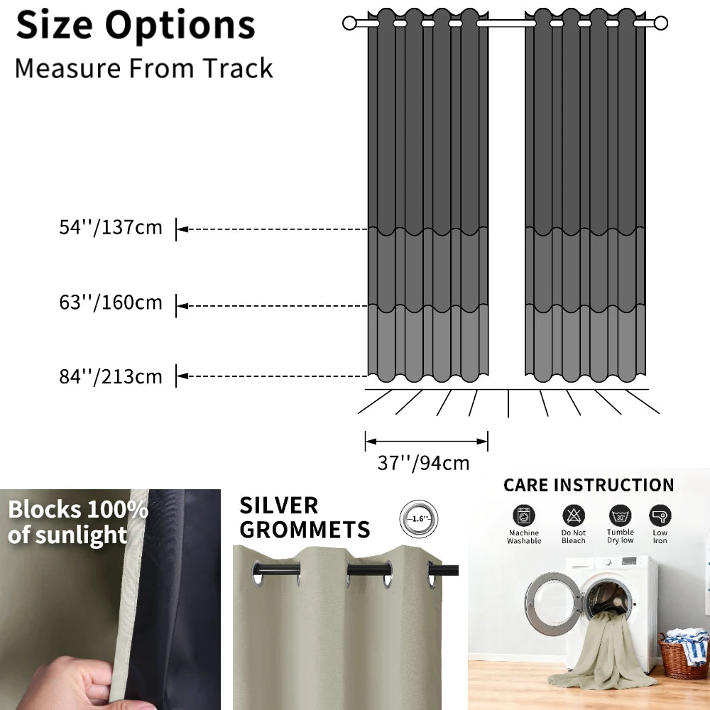 Diagram showing size options for blackout curtains measured from the track, with examples of 54 inch, 63 inch, and 84 inch wi