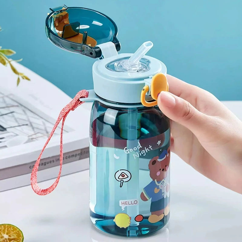 Kids' Teddy Bear Water Bottle with Straw & Carry Strap