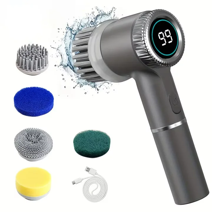 A cordless electric spin scrubber with a 99 rating and various brush heads including bristles, foam, and pads.