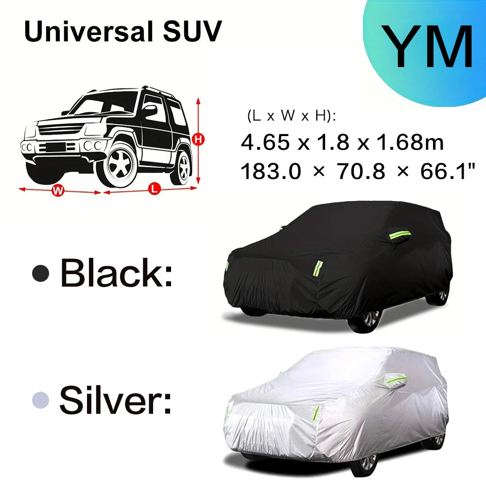 Black and silver universal SUV car covers for protection against UV, snow, and dust.