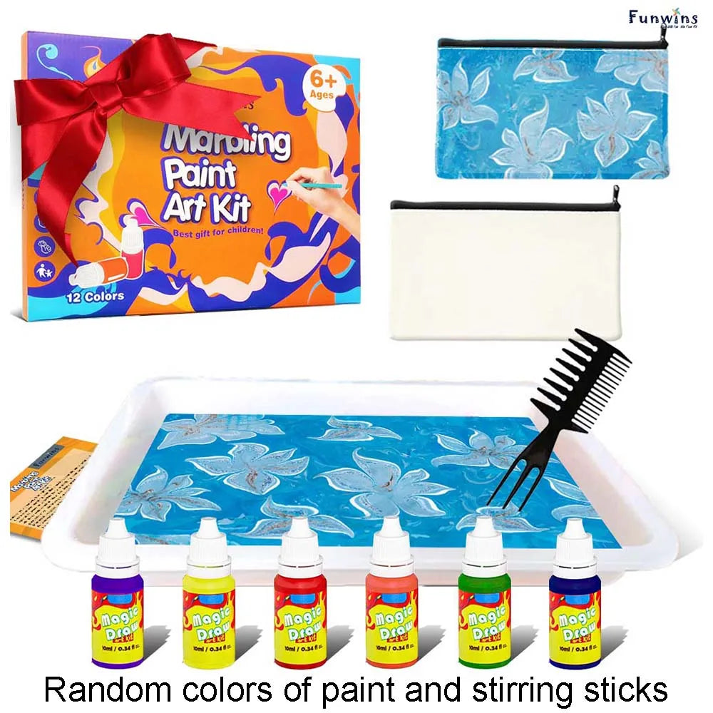 A box of Marbling Paint Art Kit for children with various colors and a white palette, brushes, and stirring sticks.