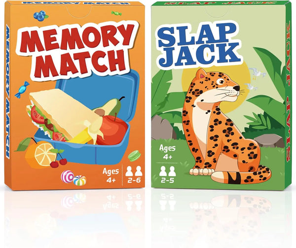 Une boîte de jeux de Memory Match et Slapjack avec des animaux et des illustrations colorées.