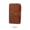 Portefeuille bi-pli marron avec texture de cuir et quincaillerie argentée RFID blocking.