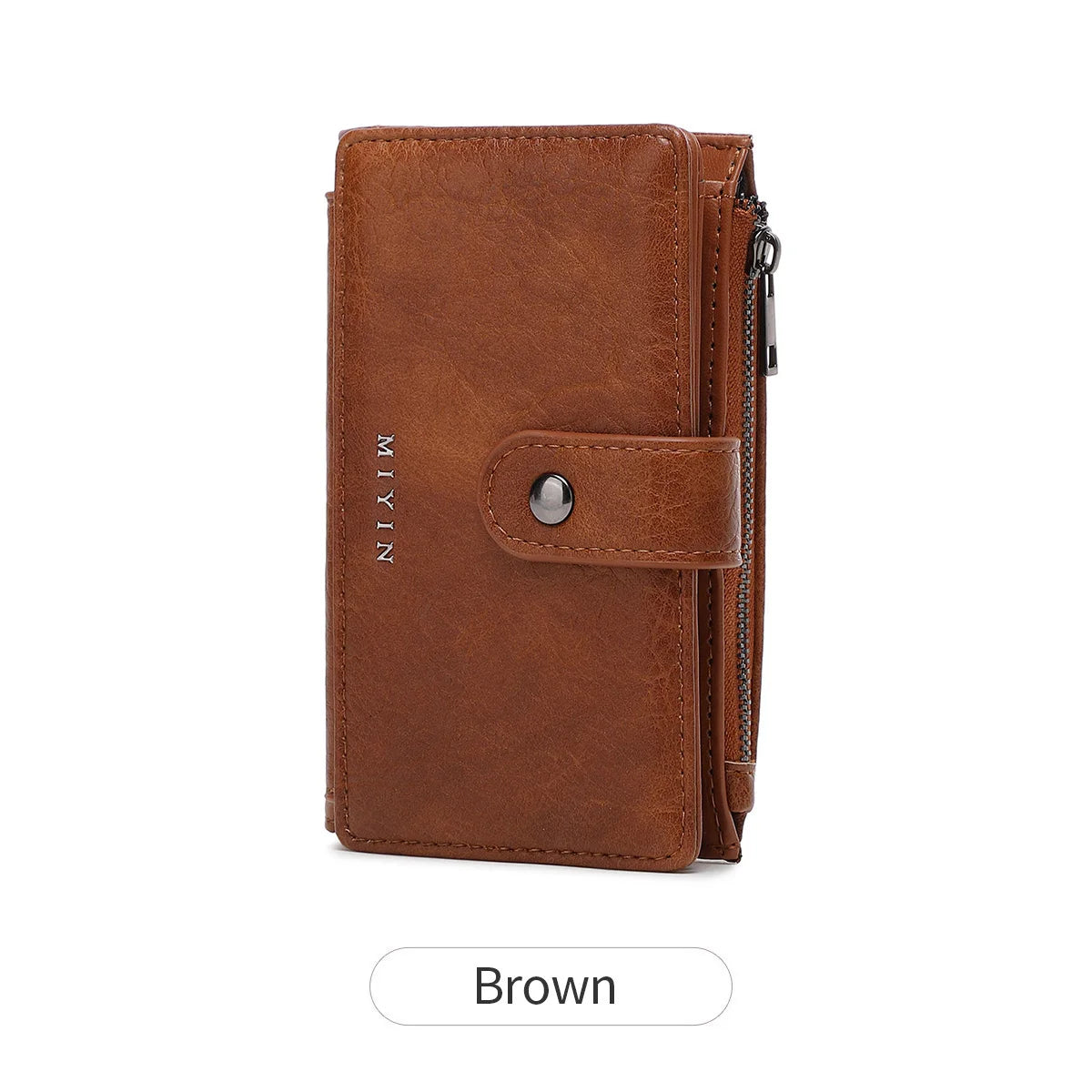 Portefeuille bi-pli marron avec texture de cuir et quincaillerie argentée RFID blocking.