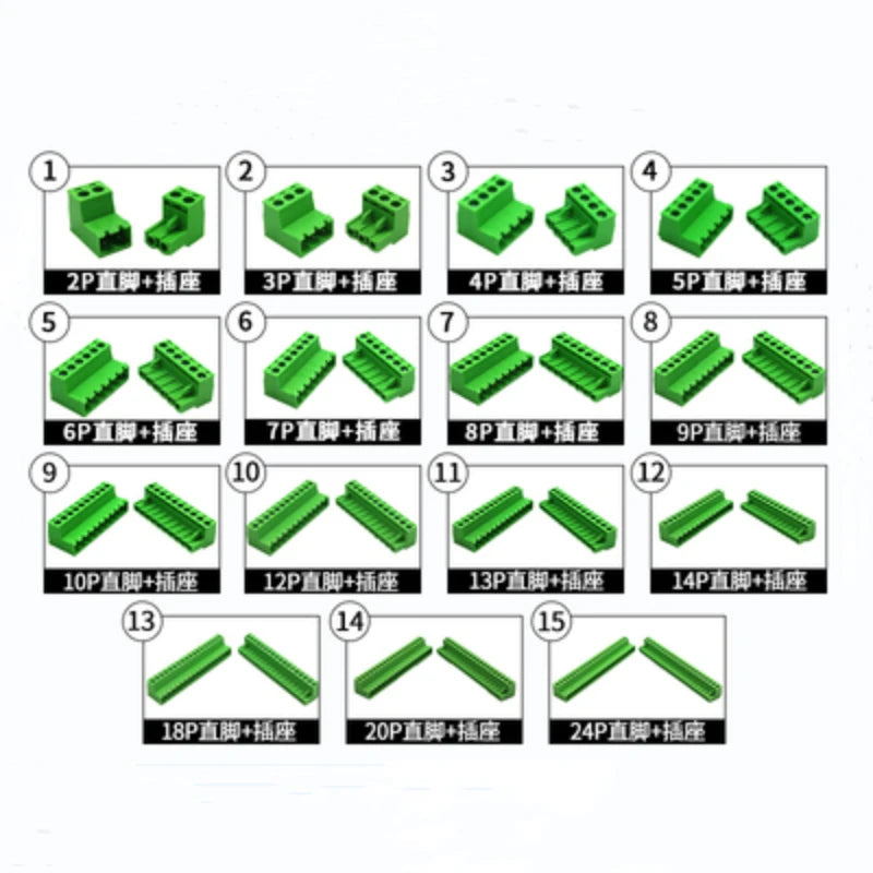 A set of solderless screw terminal block connectors in various sizes and pitches, numbered 1 through 15.